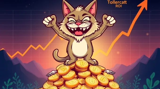 A playful Troller Cat character overseeing a surging crypto chart, symbolizing the impressive Troller Cat presale ROI and investor gains.