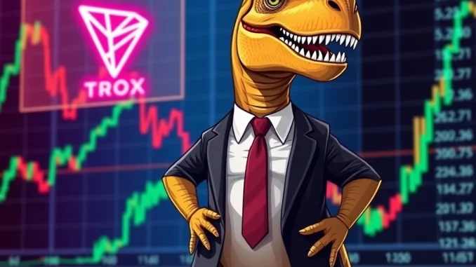 A T-Rex in a suit overlooking a Tron (TRX) market chart, symbolizing the T-Rex Tron ETF filing and its potential impact on crypto investment.