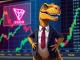 A T-Rex in a suit overlooking a Tron (TRX) market chart, symbolizing the T-Rex Tron ETF filing and its potential impact on crypto investment.