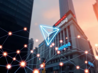 TRON (TRX) logo overlaid on a digital network, symbolizing its surge in crypto rankings after a Nasdaq listing.