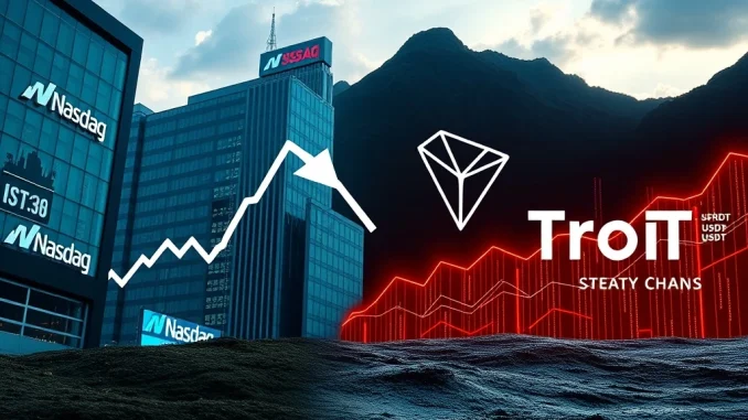A visual representation of the Tron Nasdaq listing paradox, with a declining stock chart contrasting with surging Tron on-chain fees and transactions.