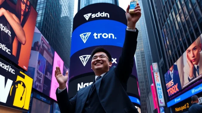Justin Sun rings the Nasdaq bell, marking Tron's landmark public debut, highlighting the significance for TRX token.