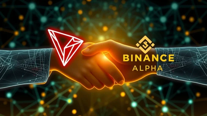 Illustrates the pivotal Tron partnership with Binance Alpha, symbolizing enhanced interoperability and growth within the crypto ecosystem.
