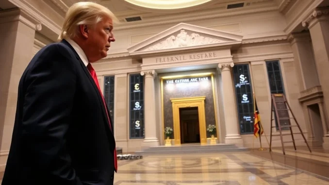Donald Trump observing the Federal Reserve building, symbolizing the ongoing debate about Trump Fed oversight and central bank independence.