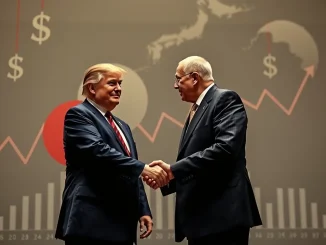 Illustrates the significant Trump Japan Deal announcement, highlighting the new 15% tariffs and substantial Japanese investment.