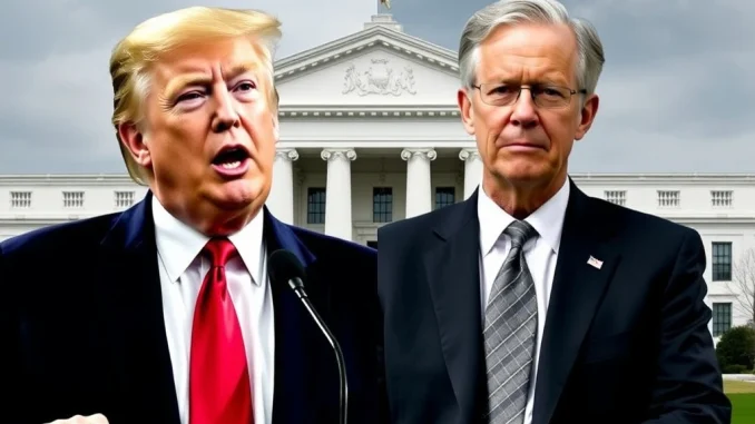 Donald Trump and Jerome Powell, illustrating the White House's pressure on Federal Reserve independence and monetary policy.