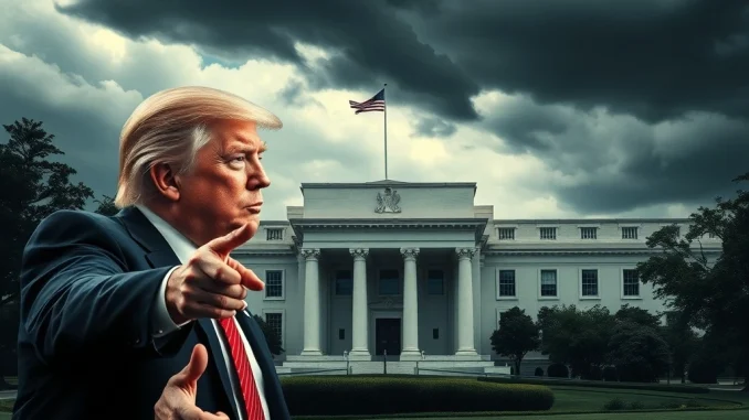Donald Trump and Jerome Powell in a tense exchange, symbolizing the political pressure for Trump rate cuts and its potential crypto market impact.