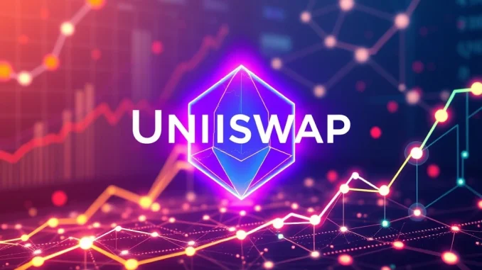 An abstract visual representing Uniswap v4's significant growth in Ethereum DeFi, with rising charts and interconnected blockchain nodes.