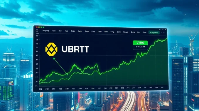 A vibrant chart showing a 300% UPBIT VTHO price surge with superimposed volatility warnings, symbolizing market dynamics.