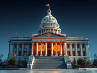 U.S. government building with Bitcoin symbols representing strategic Bitcoin reserve infrastructure.