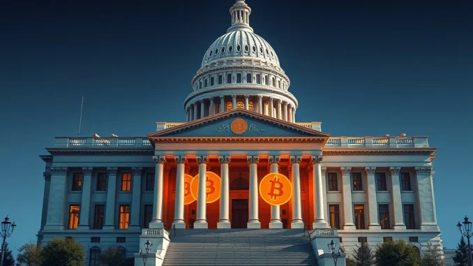 U.S. government building with Bitcoin symbols representing strategic Bitcoin reserve infrastructure.