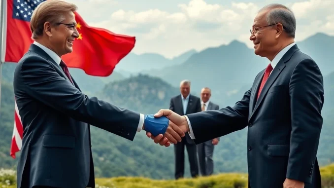 A symbolic handshake between US and Chinese representatives, signifying the ongoing US-China trade talks and efforts towards economic cooperation.