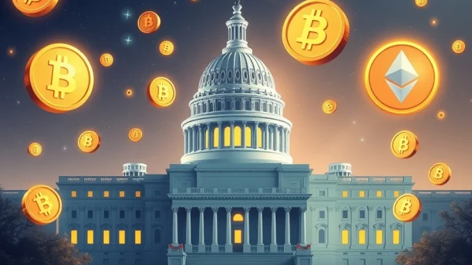 U.S. Capitol with cryptocurrency symbols representing the U.S. as the crypto capital of the world.