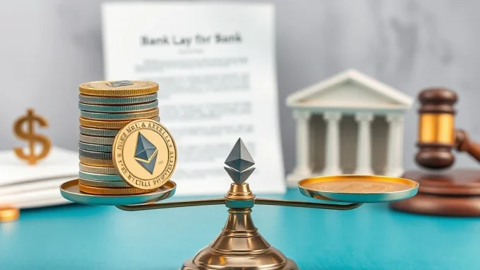 Illustration of US crypto regulations impacting bank crypto holdings, showing a balance between digital assets and traditional finance.