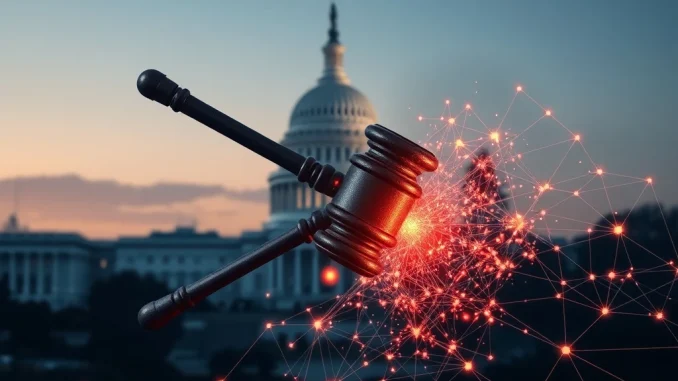 A digital gavel hitting a decentralized finance logo, symbolizing the regulatory threat to US DeFi from the CLARITY Act.