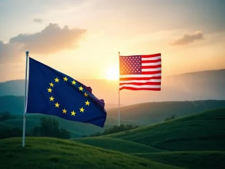 An illustration depicting the US and EU flags intertwined with cryptocurrency symbols, representing the pivotal US-EU Tariff Truce's impact on crypto markets.