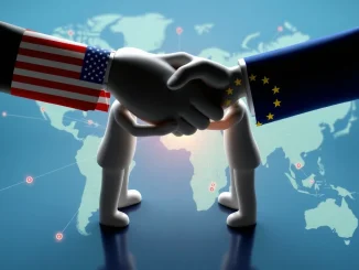 A visual representation of the US-EU trade deal negotiations, highlighting the critical discussions to avert higher tariffs and stabilize transatlantic trade.