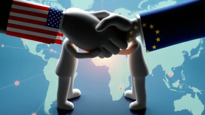 A visual representation of the US-EU trade deal negotiations, highlighting the critical discussions to avert higher tariffs and stabilize transatlantic trade.