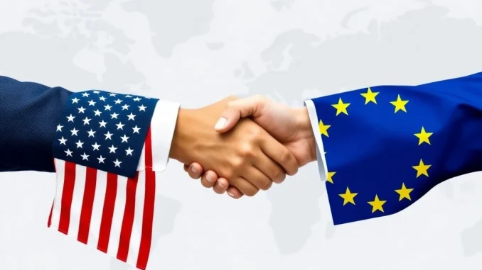 Breakthrough: US EU Trade Deal Finalized, Averting Major Trade War with 15% Tariff Cut Illustrative handshake symbolizing the successful US EU Trade Deal, preventing economic conflict and fostering transatlantic cooperation.