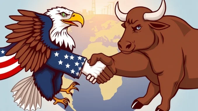 A handshake representing the US-EU Trade Deal, symbolizing averted tariffs and strengthened transatlantic economic relations.