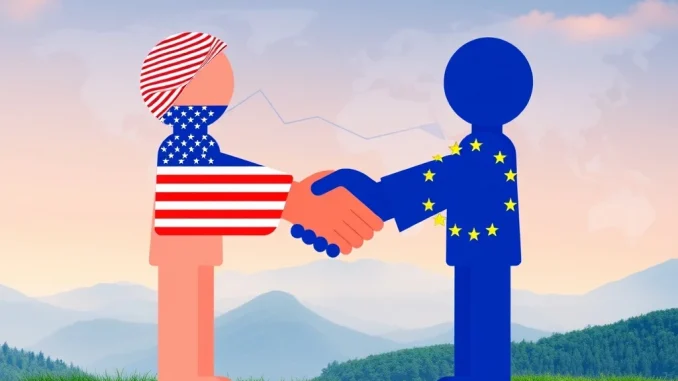 Illustrating the crucial US-EU Trade Deal, showing a handshake representing cooperation amidst global trade routes and economic shifts.