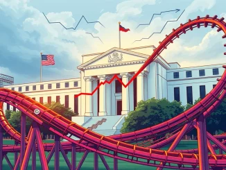 U.S. Fed's policy impact on crypto market volatility illustrated with a rollercoaster and financial charts.