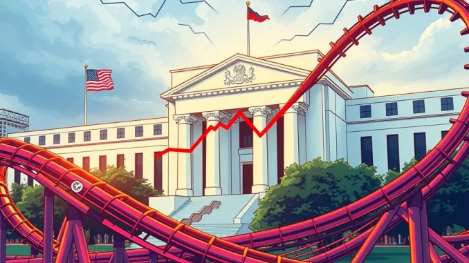 U.S. Fed's policy impact on crypto market volatility illustrated with a rollercoaster and financial charts.