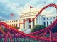 U.S. Fed's policy impact on crypto market volatility illustrated with a rollercoaster and financial charts.