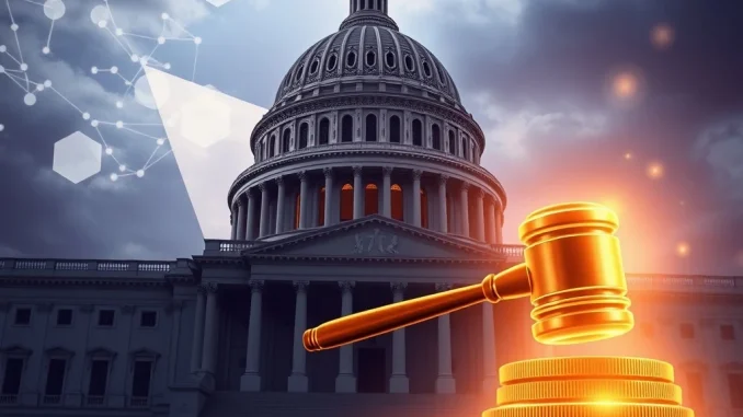 A visual representing the US House crypto bills debate, with the Capitol building and digital currency symbols, highlighting upcoming legislative decisions.