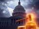 A visual representing the US House crypto bills debate, with the Capitol building and digital currency symbols, highlighting upcoming legislative decisions.