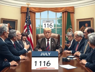 Former President Trump and lawmakers discussing the future of the US stablecoin bill, emphasizing the July 16 vote's significance for crypto regulation.