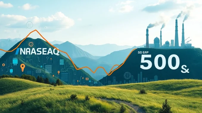 A visual representation of the US stock market divergence, showing NASDAQ's rise, Dow Jones's fall, and S&P 500's slight gain, illustrating market trends.