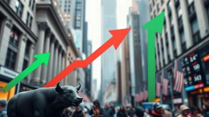 Crucial US Stock Markets: A Mixed Opening Signals Dynamic Shifts Visual representation of US stock markets showing mixed performance, with charts and arrows indicating varied S&P500, NASDAQ, and Dow Jones outlook.