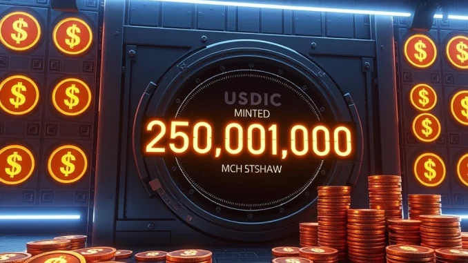 A digital representation of 250 million USDC minted, showing a secure blockchain treasury impacting crypto liquidity.