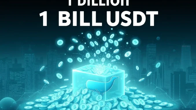 A graphic illustrating a massive 1 billion USDT minted by Tether Treasury, signaling significant crypto market activity.