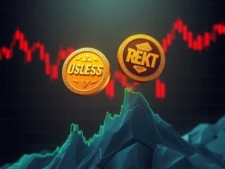 Two meme coins, USELESS and REKT, powerfully surging upwards against a backdrop of a declining crypto market dip, symbolizing an unexpected token surge.