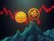 Two meme coins, USELESS and REKT, powerfully surging upwards against a backdrop of a declining crypto market dip, symbolizing an unexpected token surge.