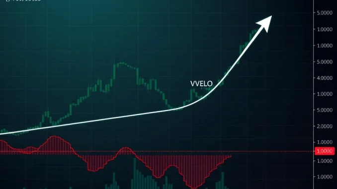 A cryptocurrency chart illustrating VELO's price consolidating above a critical support level, signaling a potential token breakout.