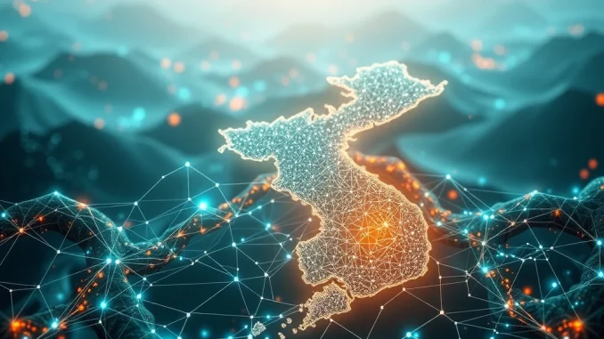 A visual representation of Vietnam's NDAChain, a national blockchain fortifying data security for the country's digital economy.