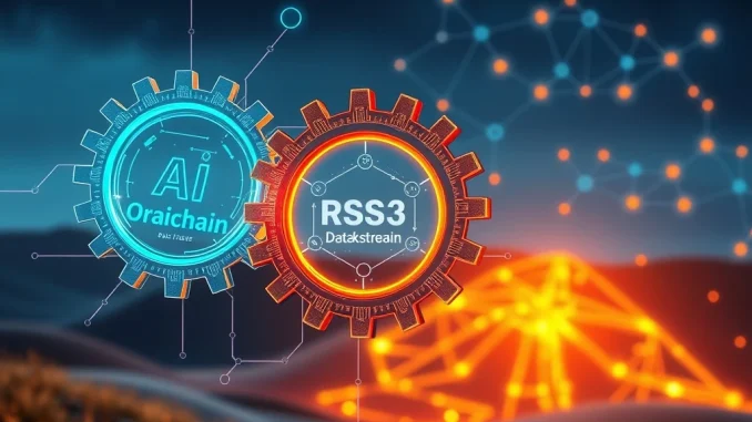 Visualizing Web3 composability, showing Oraichain, Pinlink, and RSS3 integrating to slash development costs and foster decentralized AI.