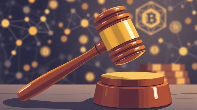 A courtroom scene symbolizing the South Korean prosecutors' appeal in the WEMIX manipulation case involving former Wemade CEO.