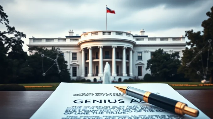 President Trump at a White House podium, preparing to sign crucial crypto legislation, symbolizing the impact of stablecoin regulation.
