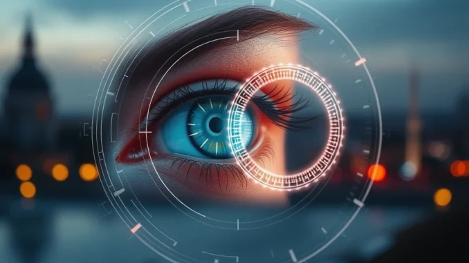 A digital eye being scanned by a futuristic orb, representing Worldcoin Germany's iris scan technology and data privacy concerns.
