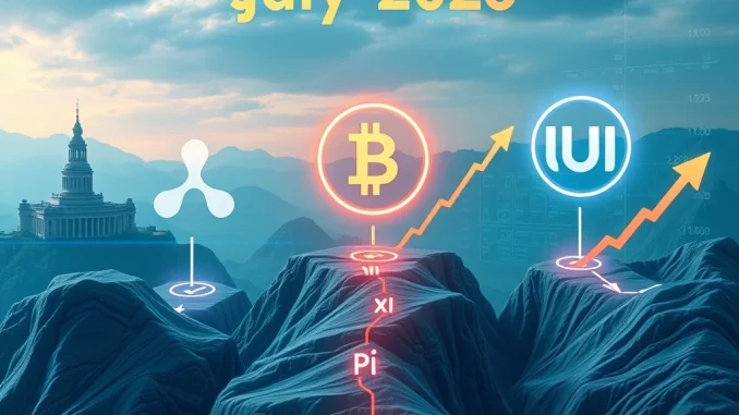 Visualizing the dynamic **XRP News Today** and market shifts for XRP, Pi Coin, and SUI in July 2025.