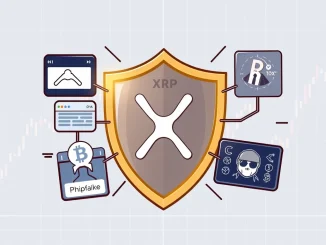 A protective shield guarding the XRP logo, symbolizing Ripple's urgent warning against crypto fraud as XRP price rises.