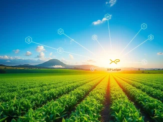 A visual representation of the XRP Ledger connecting Brazilian agribusiness with digital finance, symbolizing tokenized credit and agricultural growth.