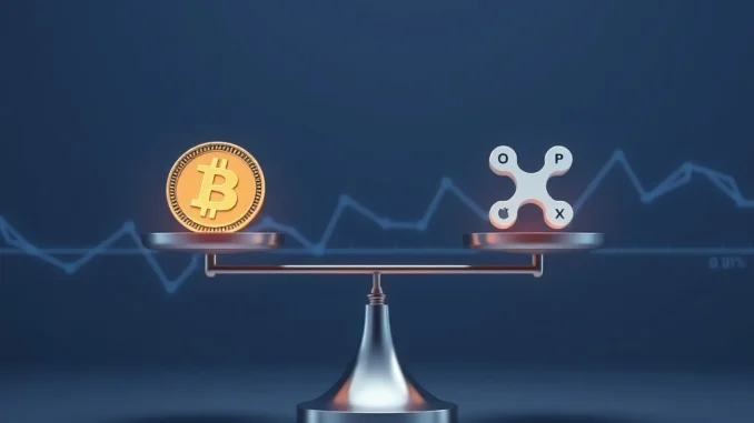 A balanced scale with crypto symbols, representing the neutral crypto market and stable funding rates for XRP and other assets.