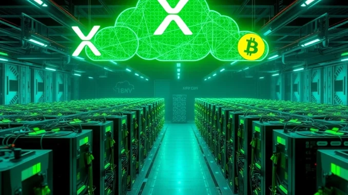 AI-driven XRP mining farm with green energy powering daily crypto earnings