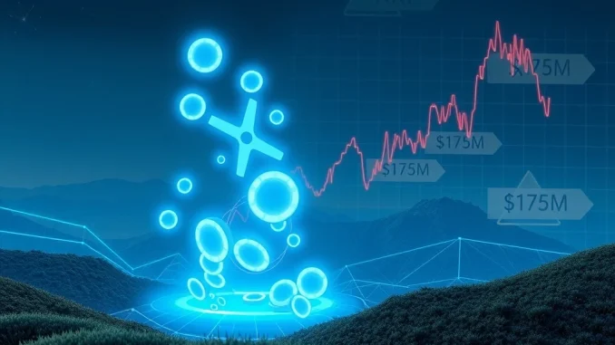 Digital representation of XRP tokens moving across a ledger, illustrating Chris Larsen's significant XRP transfer and its impact on XRP News.