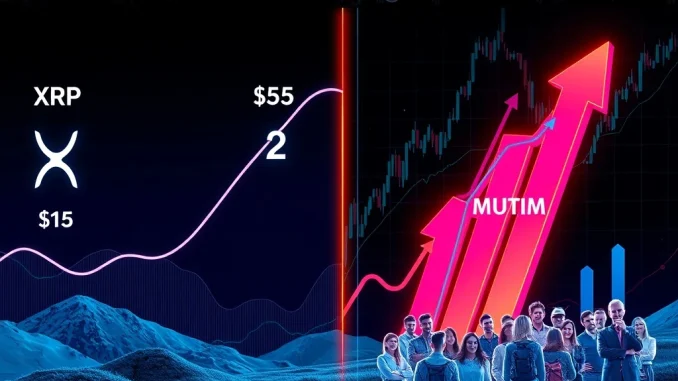 XRP price prediction debate, showing paths to $5 and $2, contrasted with the surging Mutuum Finance presale success.